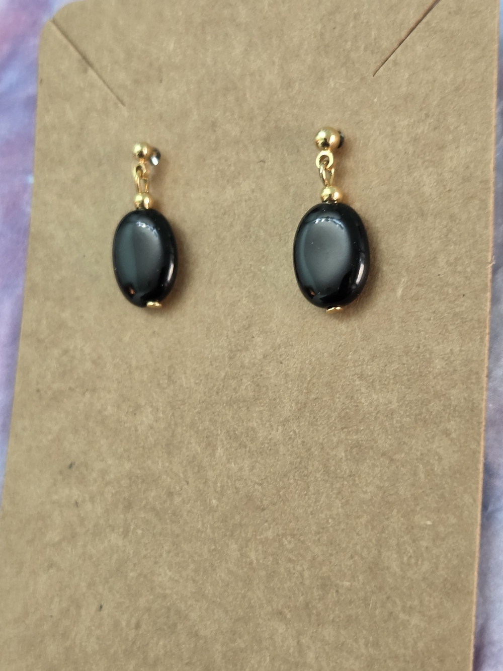 Gold Drop Earrings with Black Oval Stone